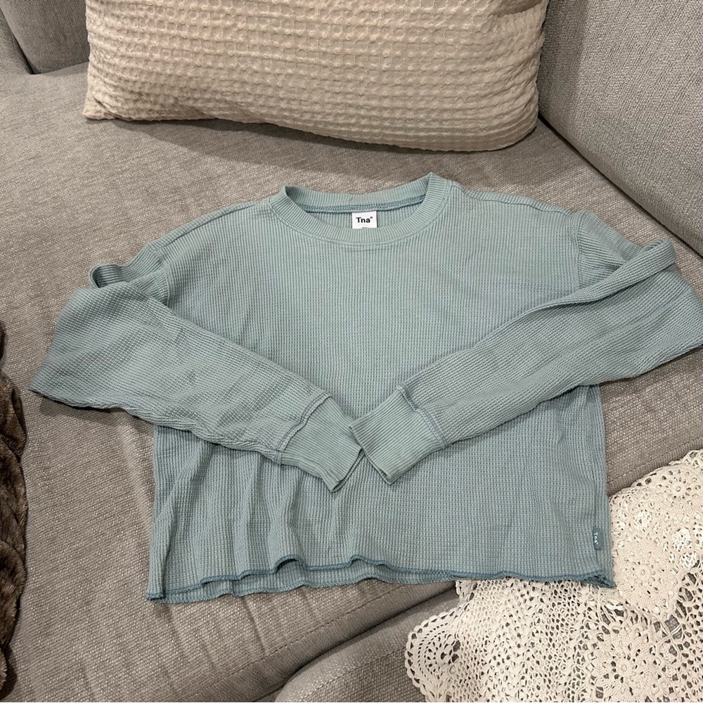 TNA (Aritzia) baby blue waffle long sleeve crop top